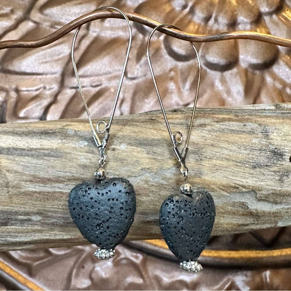 Black and Silver Heart Lava Stone Earrings